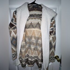 Almost Famous Geometric Knit Cardigan with Cream Sherpa